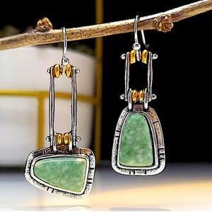 Vintage Silver Turquoise Asymmetrical Geometric Bohemian Boho Earrings